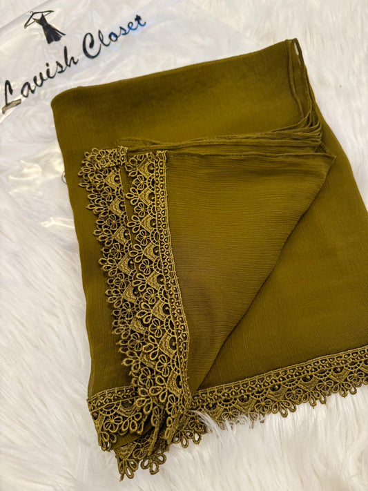 Olive Chiffon Dupatta With Lace