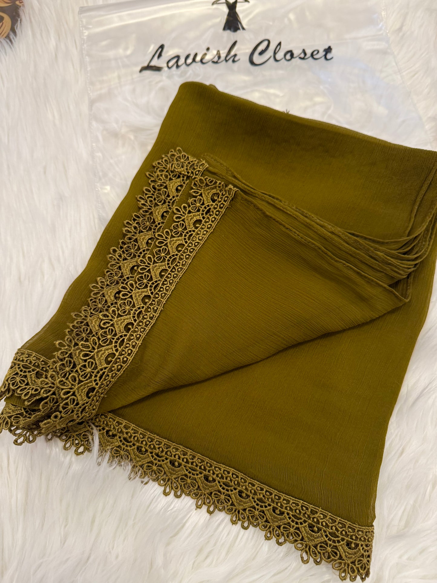 Olive Chiffon Dupatta With Lace