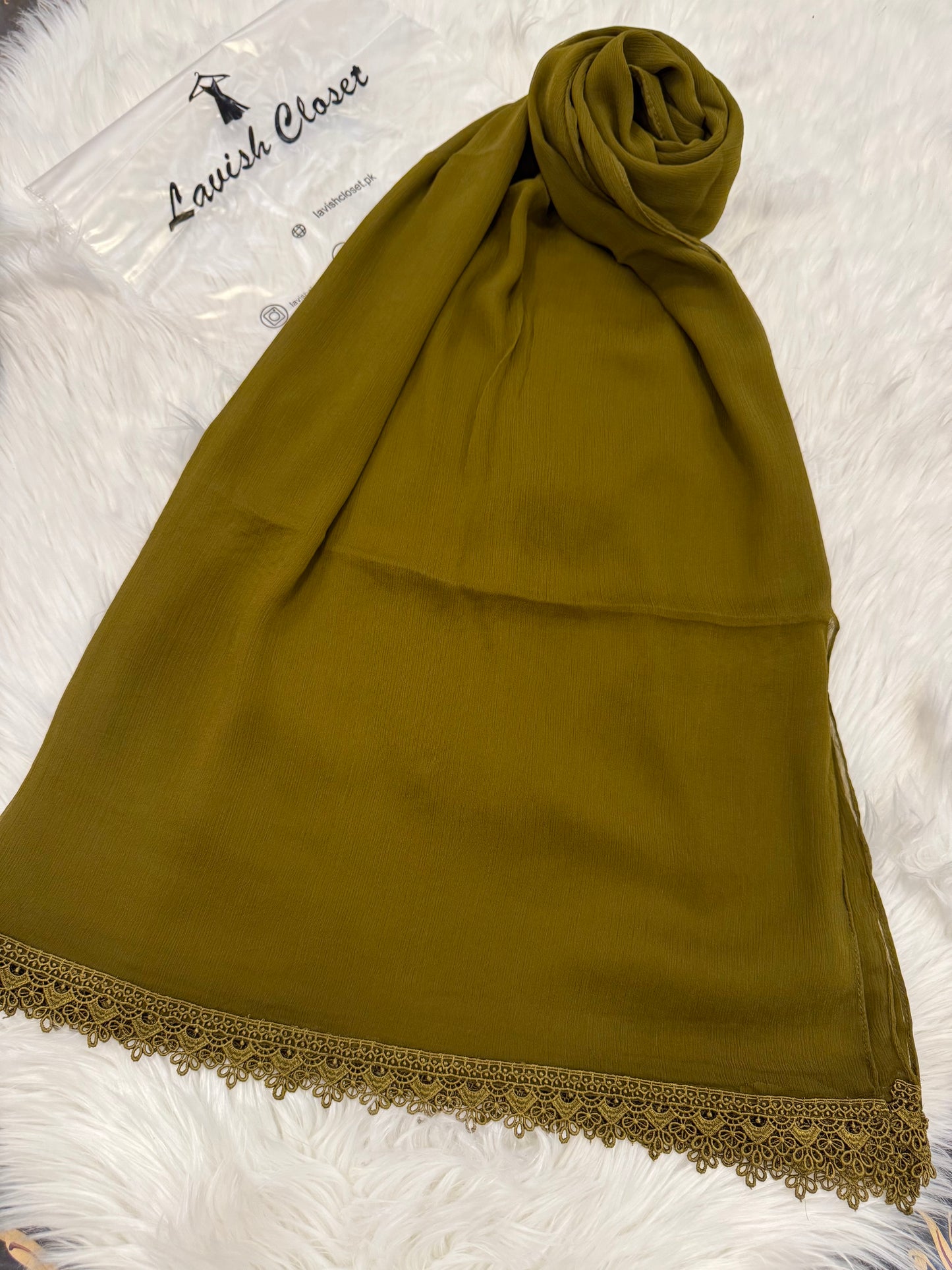 Olive Chiffon Dupatta With Lace