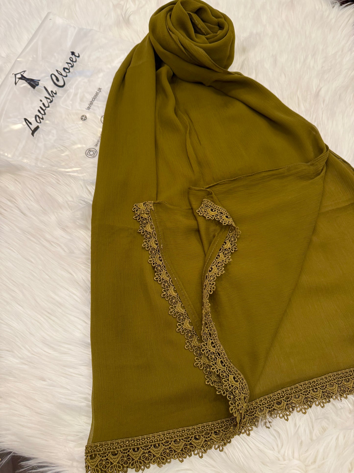 Olive Chiffon Dupatta With Lace