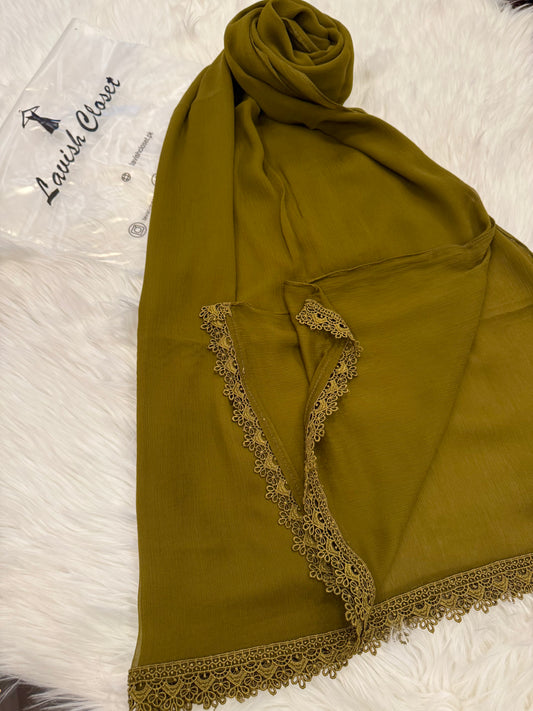 Olive Chiffon Dupatta With Lace