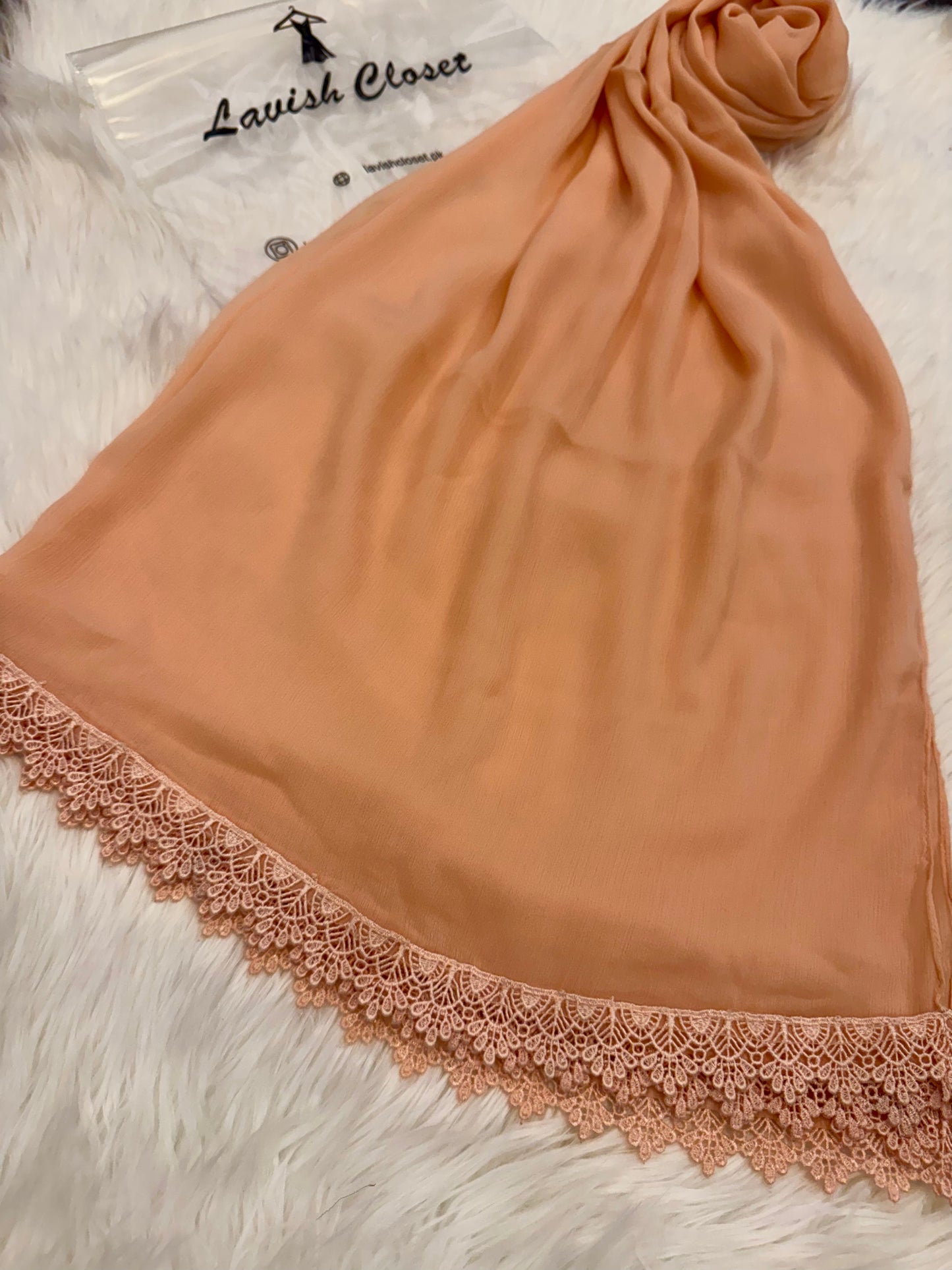 Peach Chiffon Dupatta With Lace
