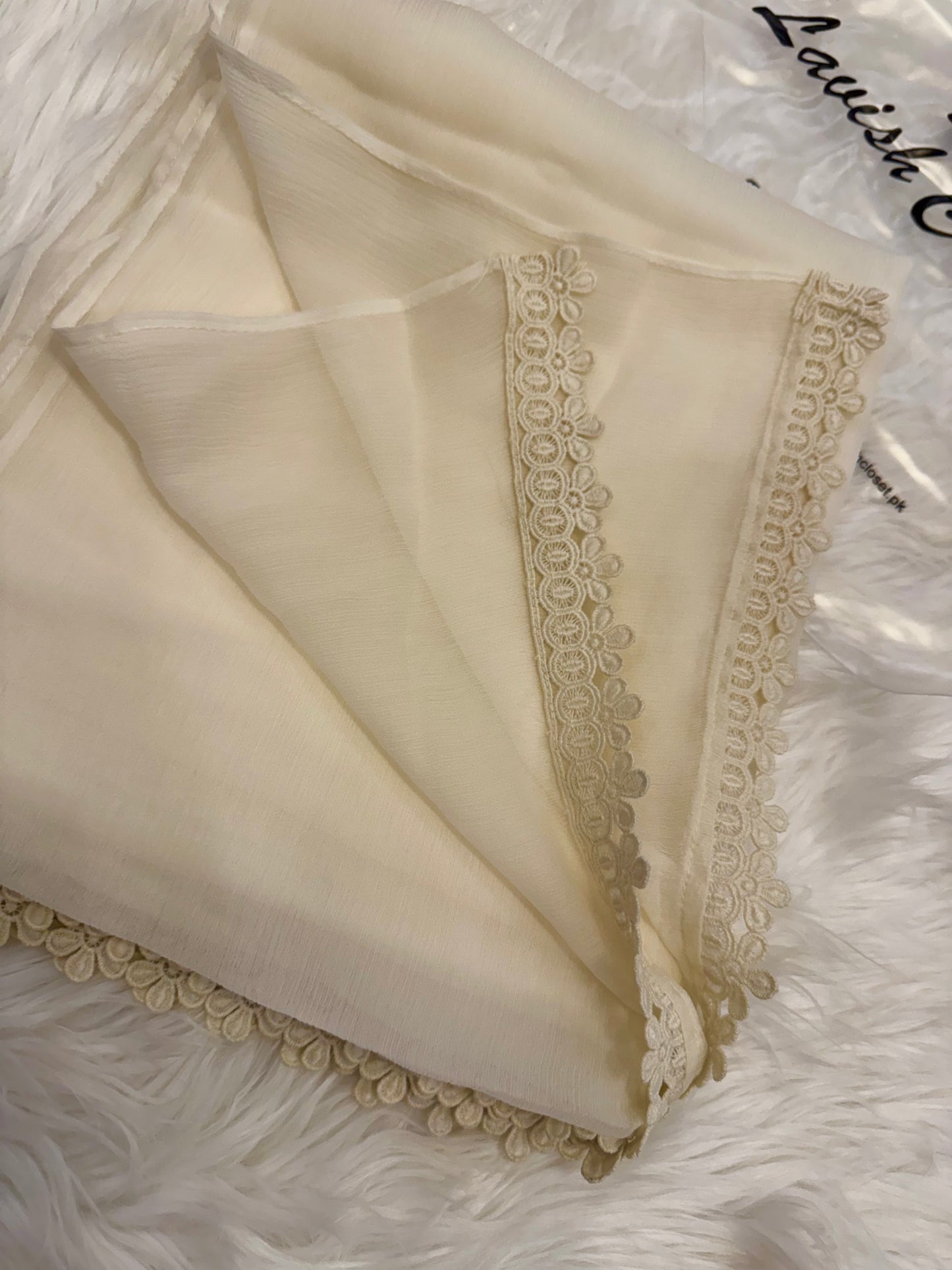 Off White Chiffon Dupatta With Lace